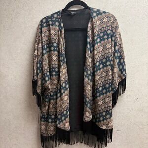 Millou‎ XS Womens Black Fringe Open OverSized Front Aztec Boho Festival Kimono